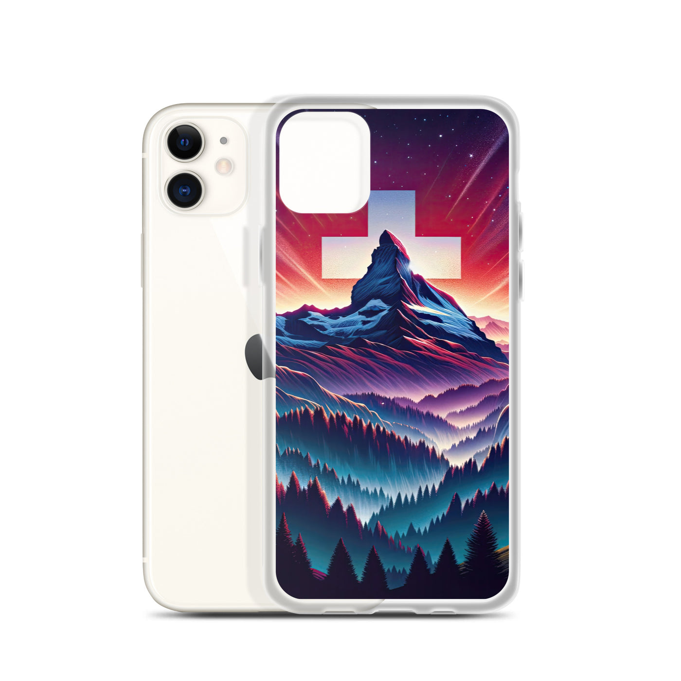 Alpenszene in Dämmerung mit Schweizer Flagge - iPhone Schutzhülle (durchsichtig) berge xxx yyy zzz