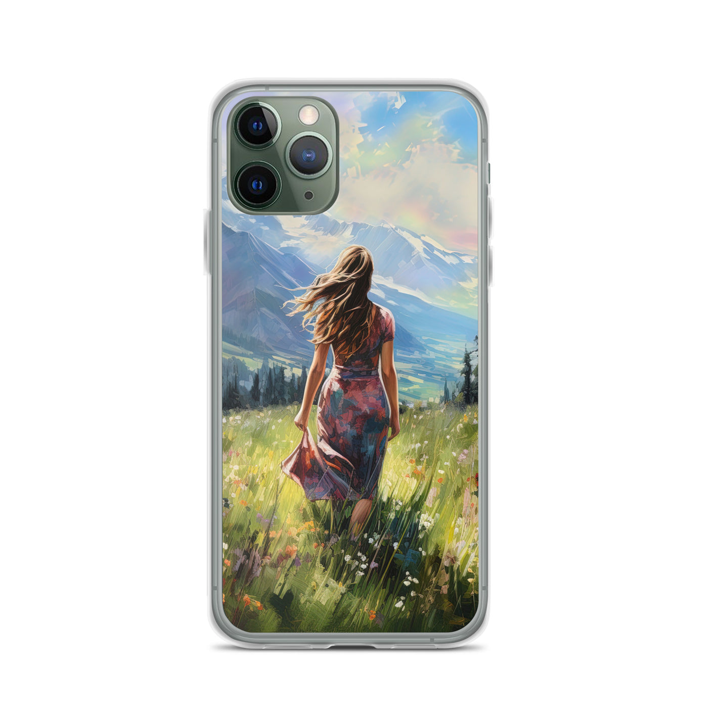 Frau mit langen Kleid im Feld mit Blumen - Berge im Hintergrund - Malerei - iPhone Schutzhülle (durchsichtig) berge xxx iPhone 11 Pro