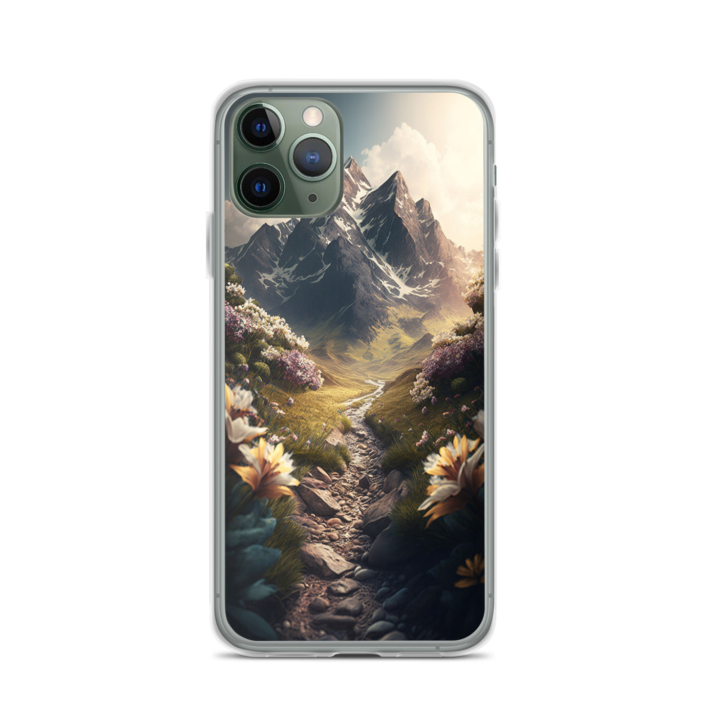 Epischer Berg, steiniger Weg und Blumen - Realistische Malerei - iPhone Schutzhülle (durchsichtig) berge xxx iPhone 11 Pro