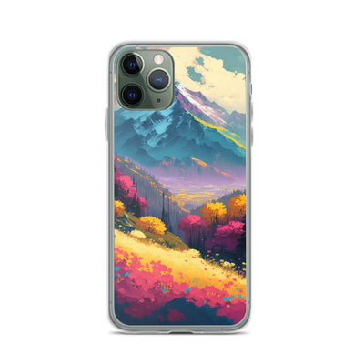 Berge, pinke und gelbe Bäume, sowie Blumen - Farbige Malerei - iPhone Schutzhülle (durchsichtig) berge xxx iPhone 11 Pro