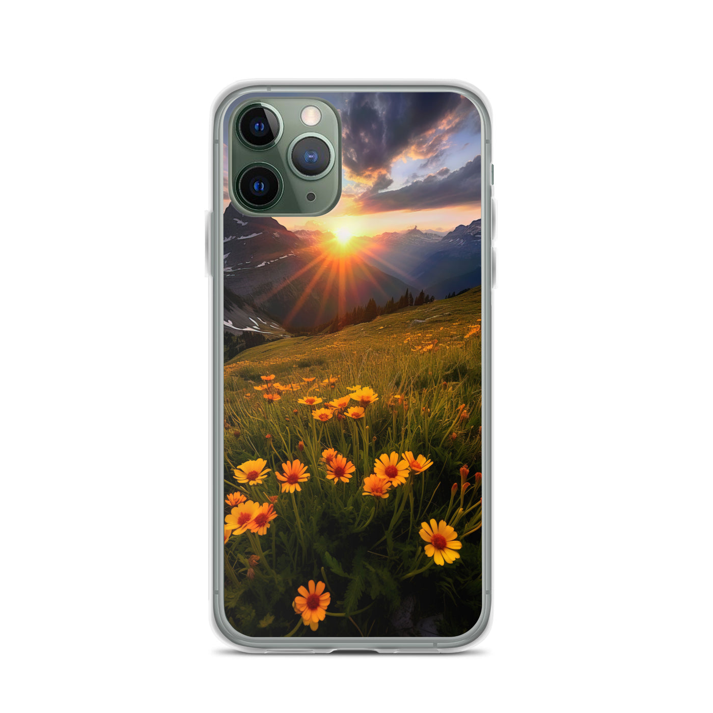 Gebirge, Sonnenblumen und Sonnenaufgang - iPhone Schutzhülle (durchsichtig) berge xxx iPhone 11 Pro