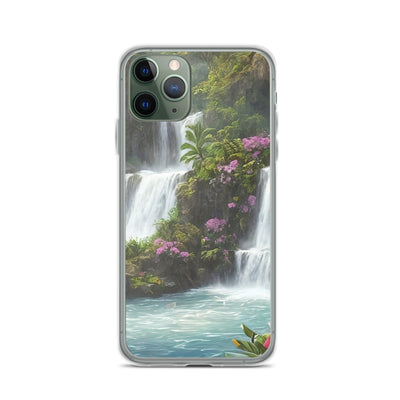 Wasserfall im Wald und Blumen - Schöne Malerei - iPhone Schutzhülle (durchsichtig) camping xxx iPhone 11 Pro