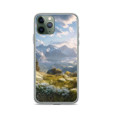 Berglandschaft mit Sonnenschein, Blumen und Bäumen - Malerei - iPhone Schutzhülle (durchsichtig) berge xxx iPhone 11 Pro