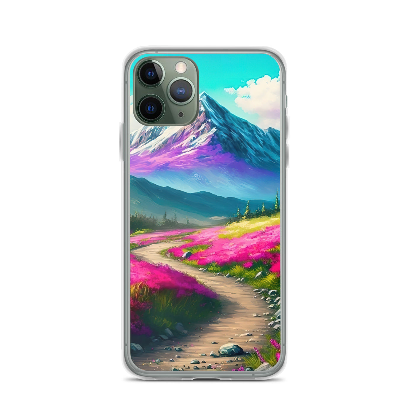 Berg, pinke Blumen und Wanderweg - Landschaftsmalerei - iPhone Schutzhülle (durchsichtig) berge xxx iPhone 11 Pro