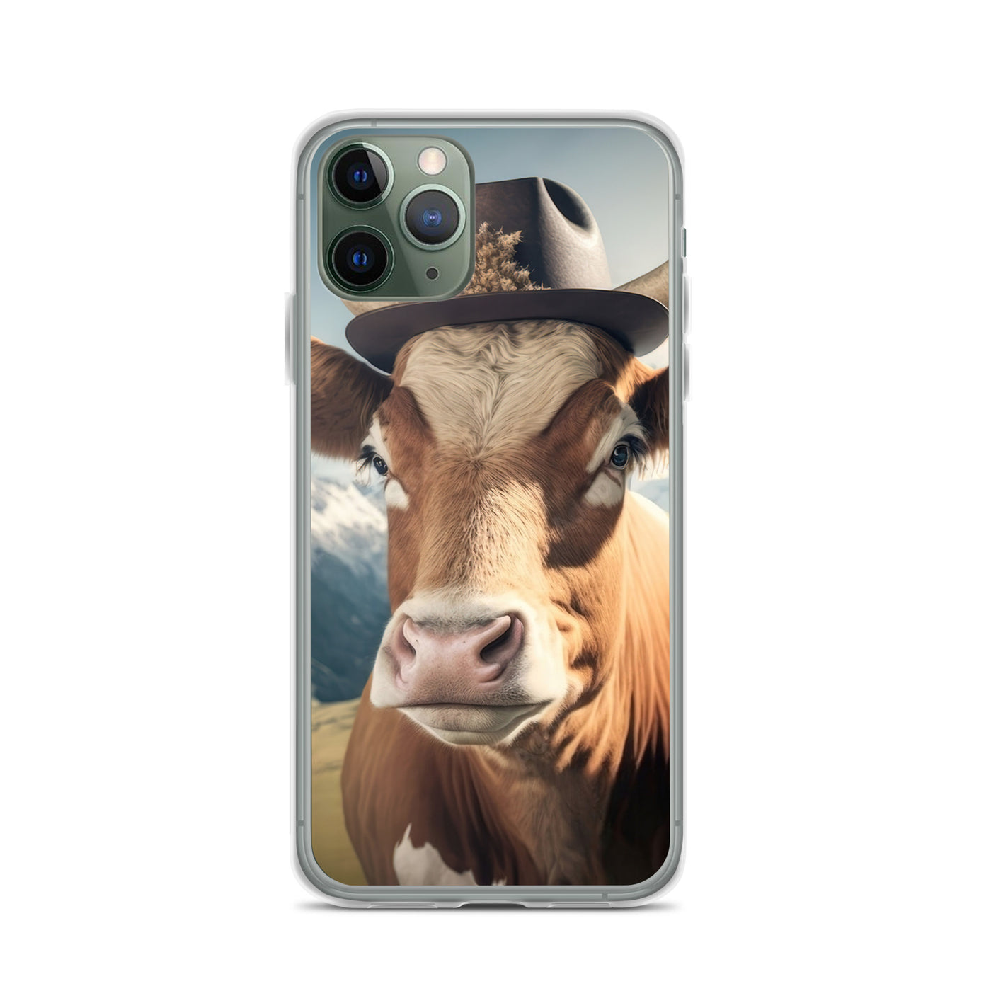 Kuh mit Hut in den Alpen - Berge im Hintergrund - Landschaftsmalerei - iPhone Schutzhülle (durchsichtig) berge xxx iPhone 11 Pro