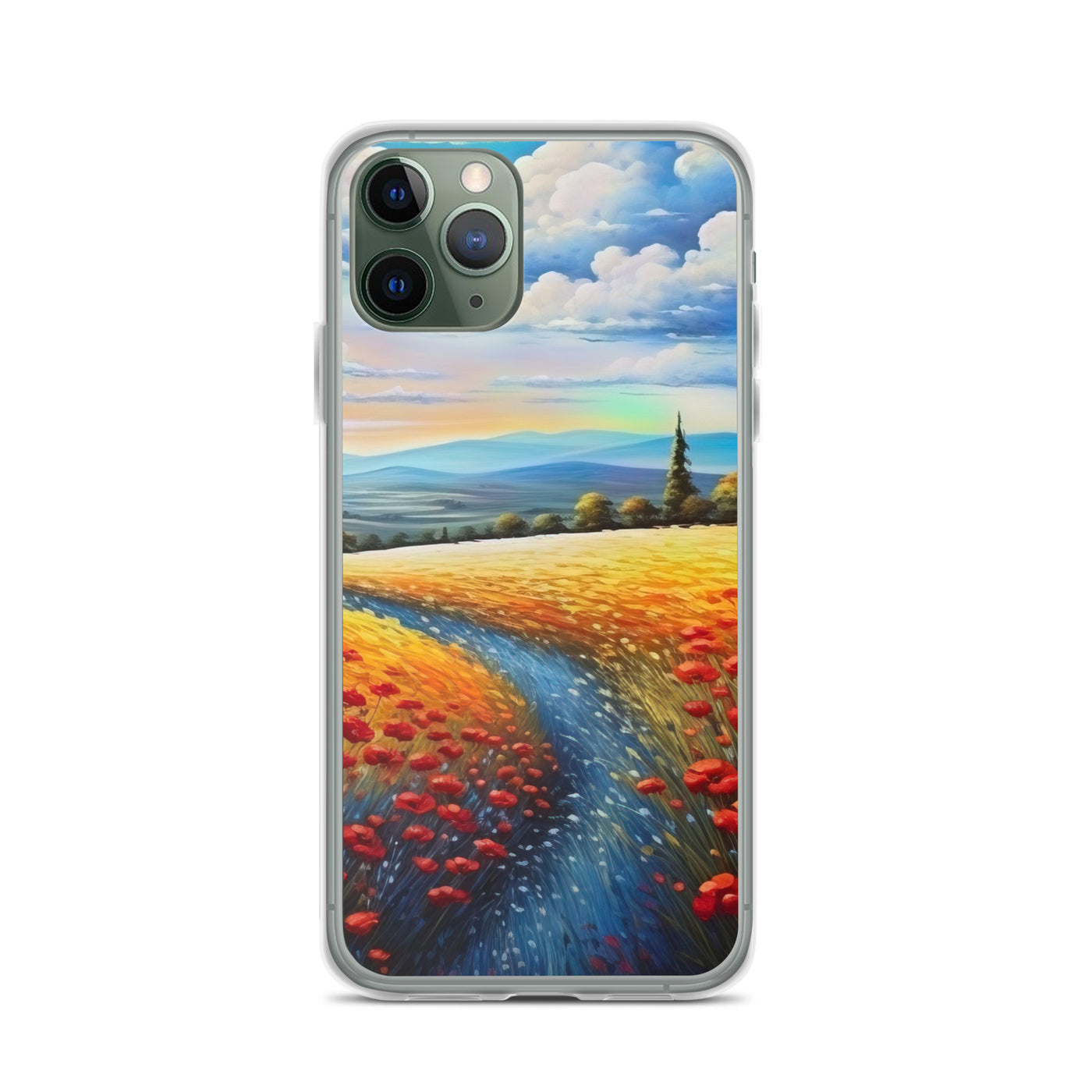 Feld mit roten Blumen und Berglandschaft - Landschaftsmalerei - iPhone Schutzhülle (durchsichtig) berge xxx iPhone 11 Pro