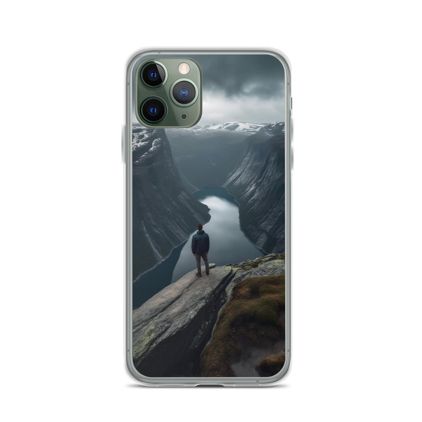Mann auf Bergklippe - Norwegen - iPhone Schutzhülle (durchsichtig) berge xxx iPhone 11 Pro