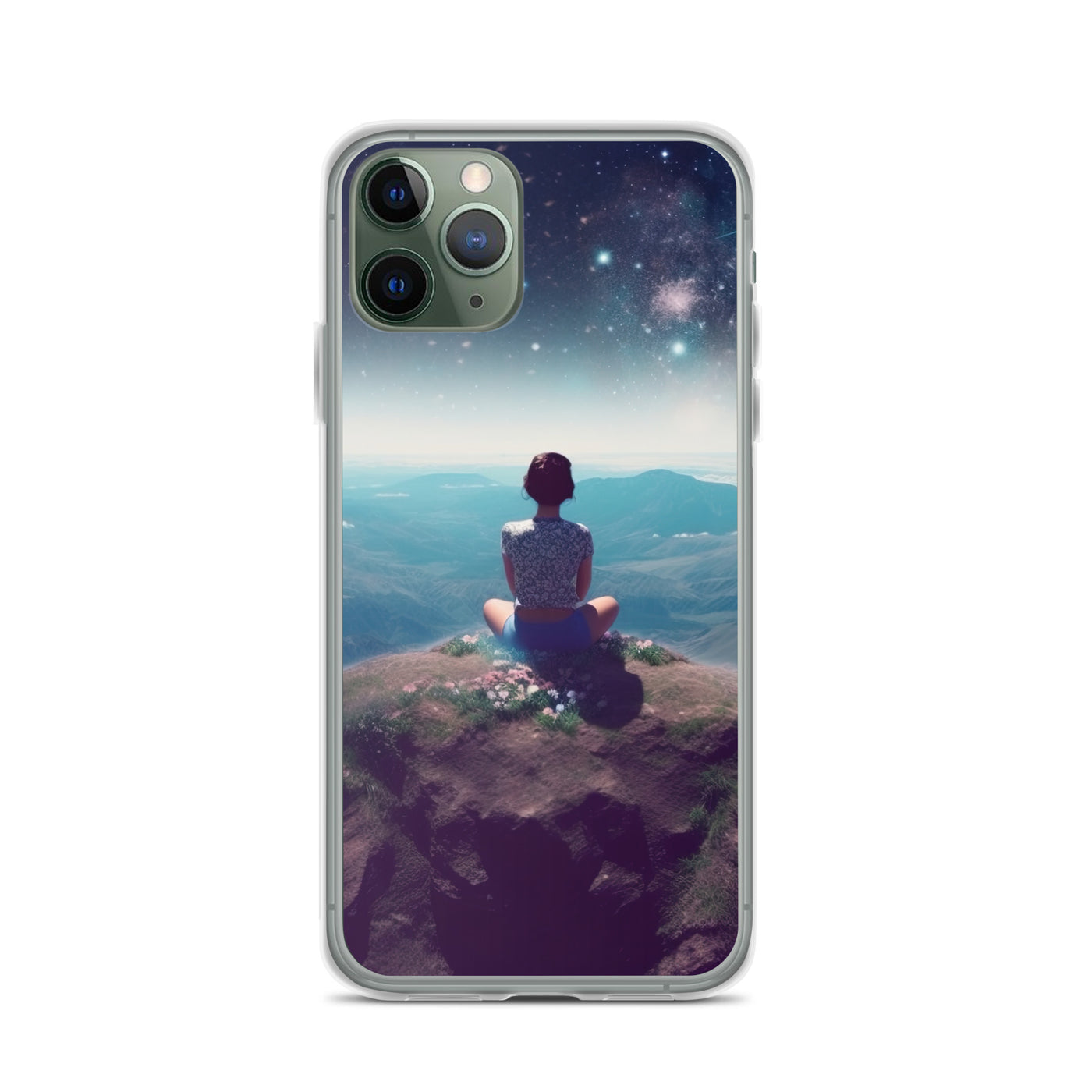 Frau sitzt auf Berg – Cosmos und Sterne im Hintergrund - Landschaftsmalerei - iPhone Schutzhülle (durchsichtig) berge xxx iPhone 11 Pro