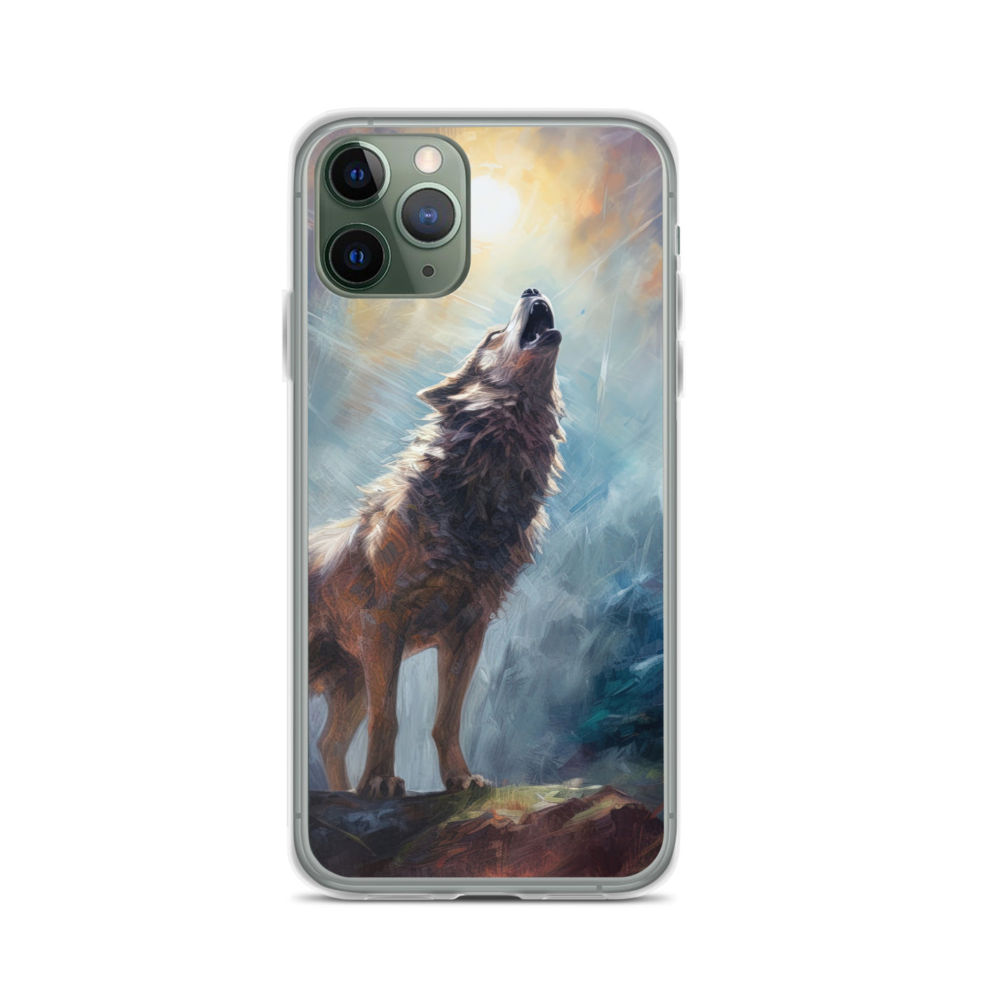 Heulender Wolf auf Berggipfel und Mond im Hintergrund – Abstrakte Malerei - iPhone Schutzhülle (durchsichtig) camping xxx iPhone 11 Pro
