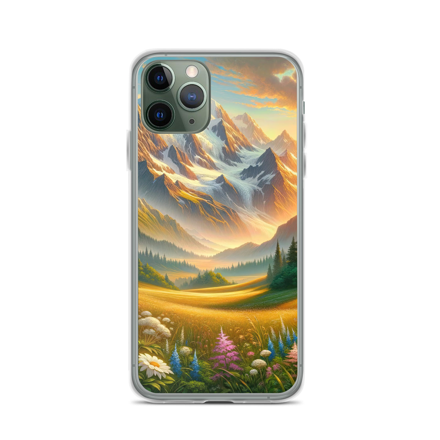 Heitere Alpenschönheit: Schneeberge und Wildblumenwiesen - iPhone Schutzhülle (durchsichtig) berge xxx yyy zzz iPhone 11 Pro