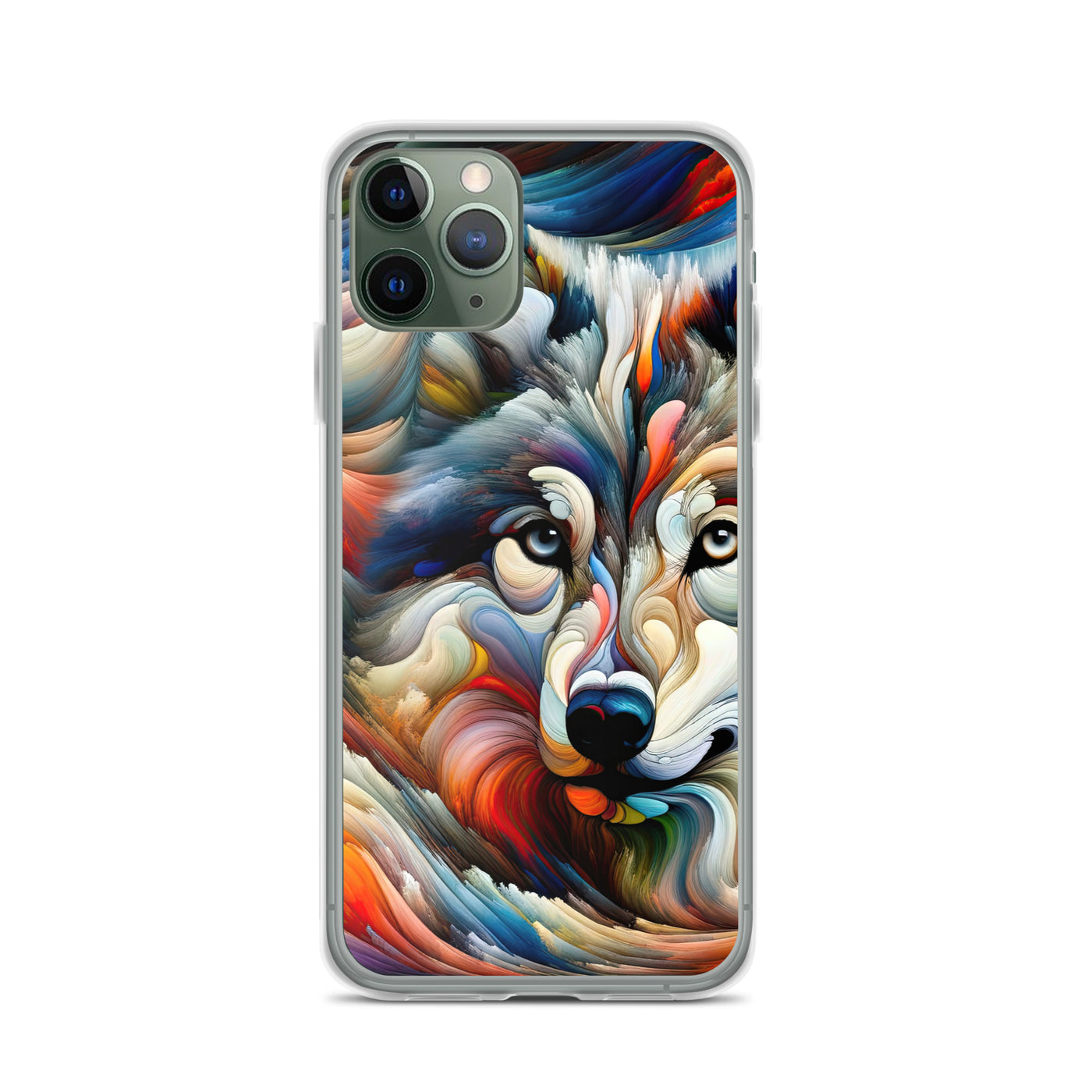Abstrakte Kunst der Alpen mit einem Wolf. Chaotischer Tanz aus Farben und Formen. Surreale Landschaft (AN) - iPhone Schutzhülle (durchsichtig) xxx yyy zzz iPhone 11 Pro
