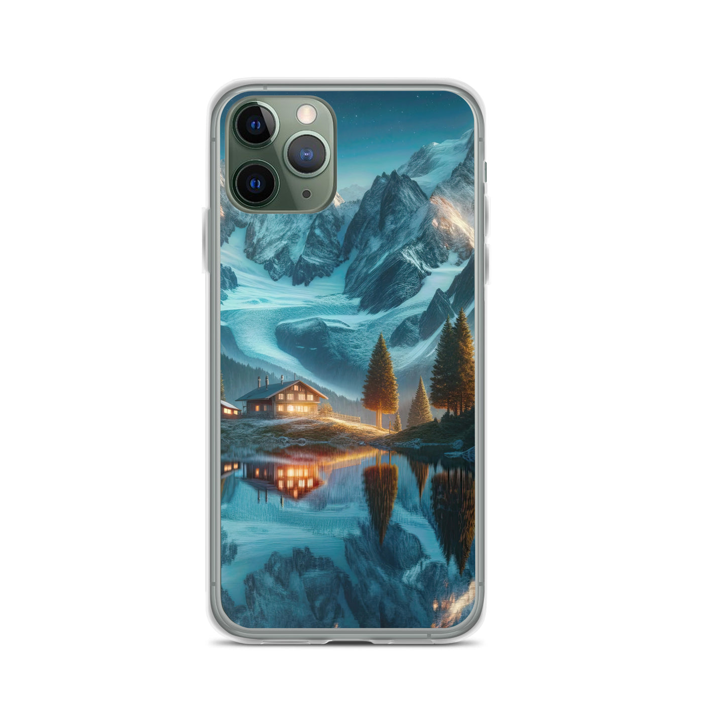 Stille Alpenmajestätik: Digitale Kunst mit Schnee und Bergsee-Spiegelung - iPhone Schutzhülle (durchsichtig) berge xxx yyy zzz iPhone 11 Pro