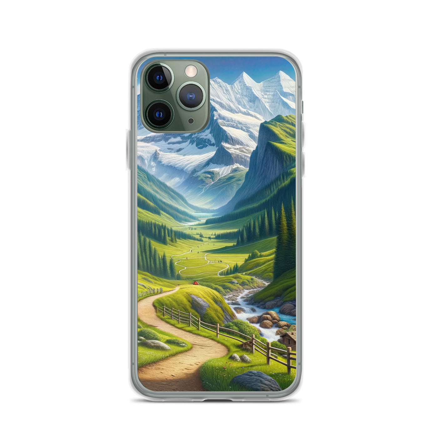 Wanderer in den Bergen und Wald: Digitale Malerei mit grünen kurvenreichen Pfaden - iPhone Schutzhülle (durchsichtig) wandern xxx yyy zzz iPhone 11 Pro
