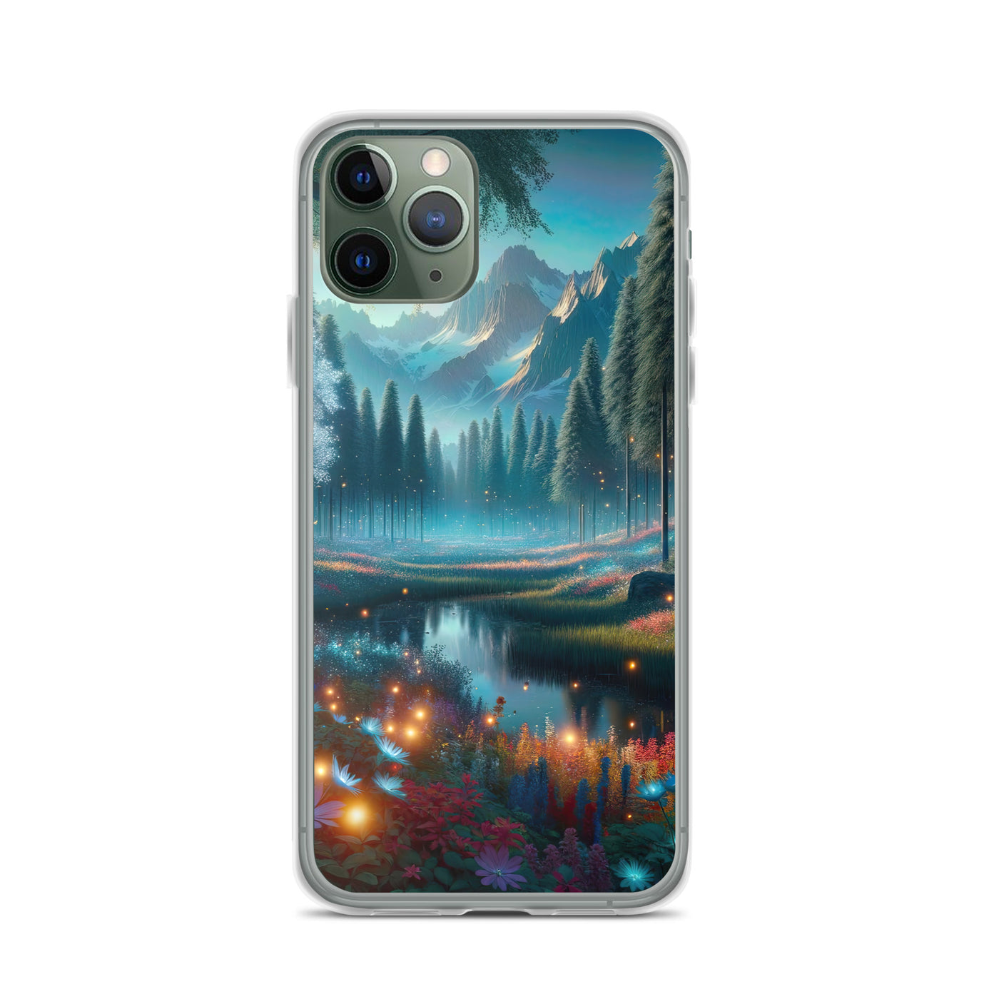 Ätherischer Alpenwald: Digitale Darstellung mit leuchtenden Bäumen und Blumen - iPhone Schutzhülle (durchsichtig) camping xxx yyy zzz iPhone 11 Pro