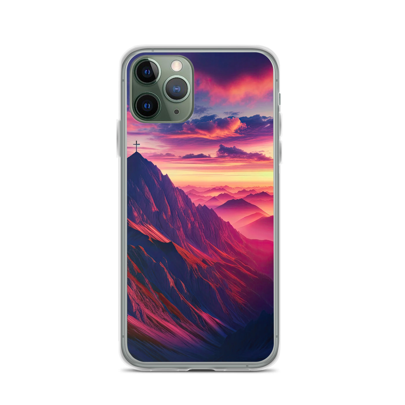 Dramatischer Alpen-Sonnenaufgang, Gipfelkreuz und warme Himmelsfarben - iPhone Schutzhülle (durchsichtig) berge xxx yyy zzz iPhone 11 Pro