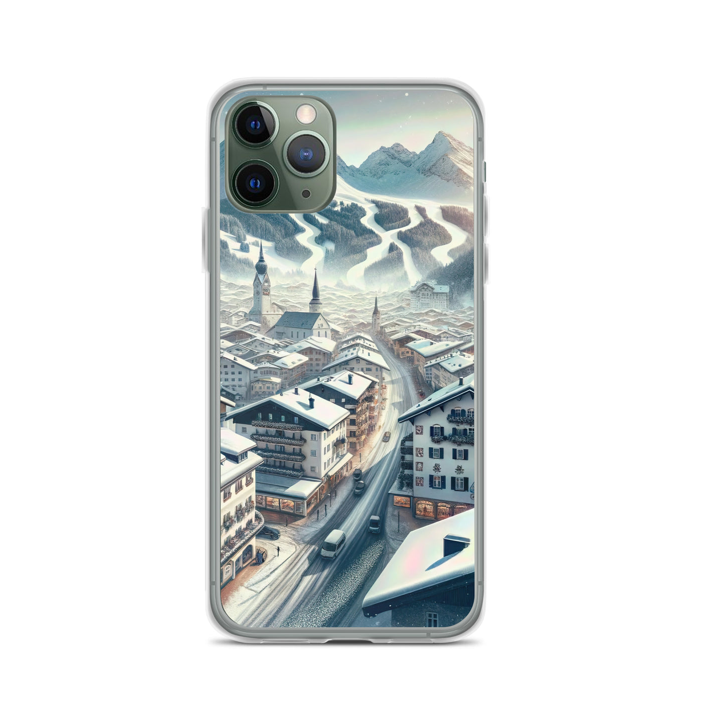 Winter in Kitzbühel: Digitale Malerei von schneebedeckten Dächern - iPhone Schutzhülle (durchsichtig) berge xxx yyy zzz iPhone 11 Pro