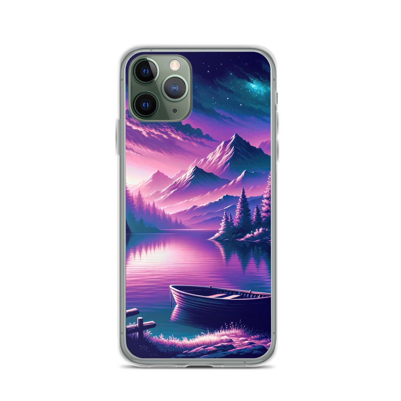 Magische Alpen-Dämmerung, rosa-lila Himmel und Bergsee mit Boot - iPhone Schutzhülle (durchsichtig) berge xxx yyy zzz iPhone 11 Pro