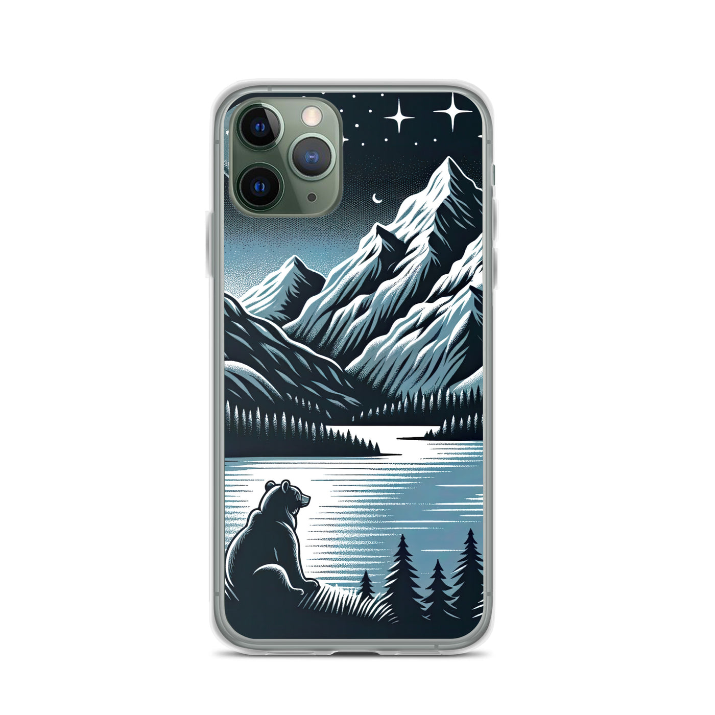 Bär in Alpen-Mondnacht, silberne Berge, schimmernde Seen - iPhone Schutzhülle (durchsichtig) camping xxx yyy zzz iPhone 11 Pro