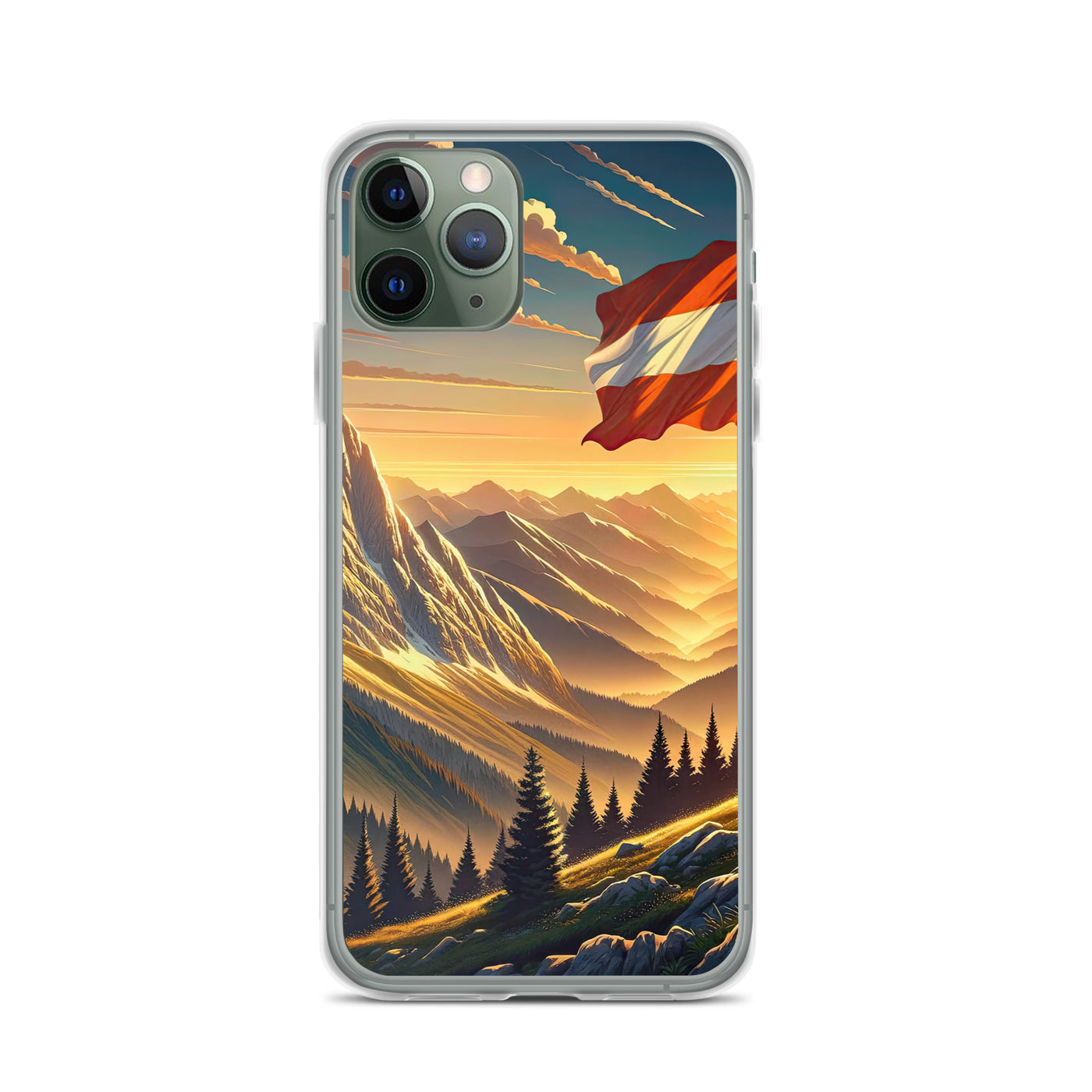 Ruhiger Alpenabend mit österreichischer Flagge und goldenem Sonnenuntergang - iPhone Schutzhülle (durchsichtig) berge xxx yyy zzz iPhone 11 Pro