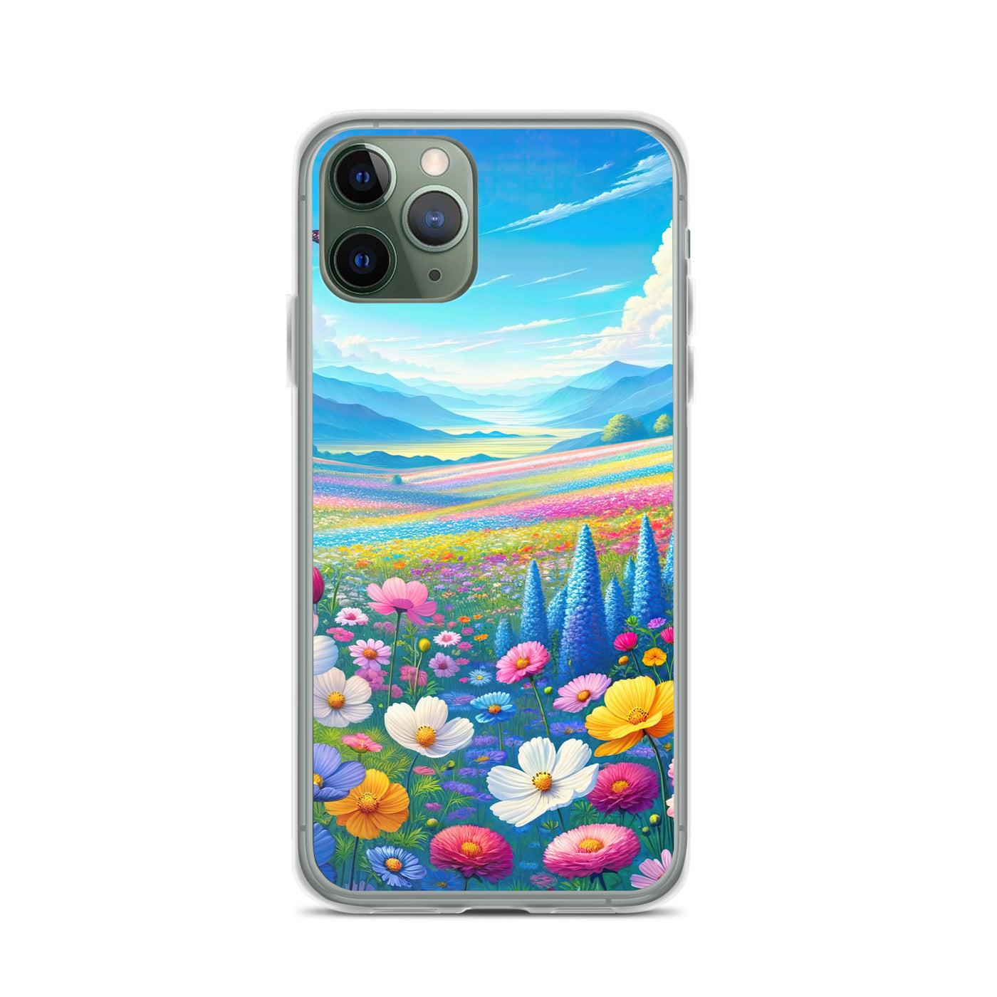 Weitläufiges Blumenfeld unter himmelblauem Himmel, leuchtende Flora - iPhone Schutzhülle (durchsichtig) camping xxx yyy zzz iPhone 11 Pro