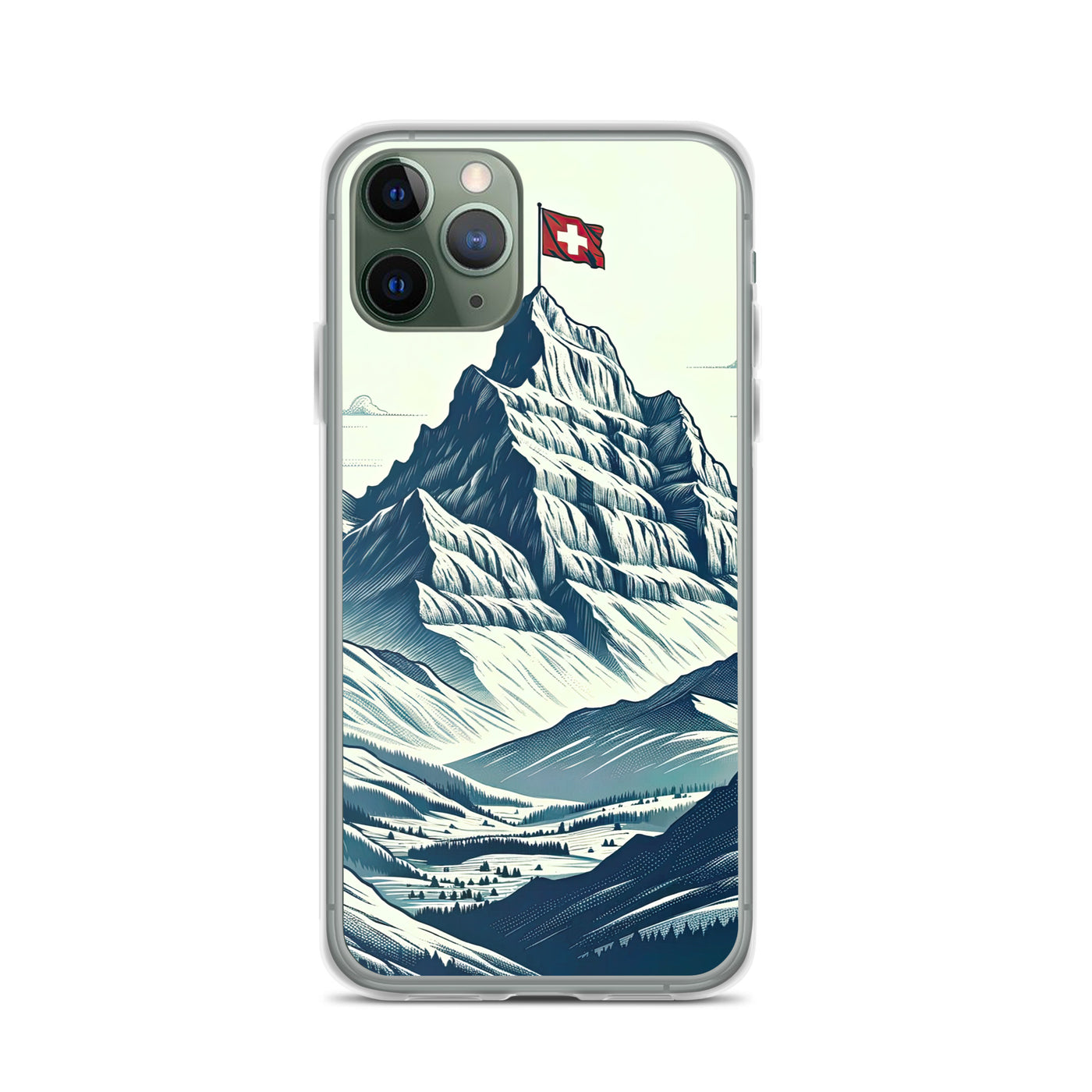 Ausgedehnte Bergkette mit dominierendem Gipfel und wehender Schweizer Flagge - iPhone Schutzhülle (durchsichtig) berge xxx yyy zzz iPhone 11 Pro