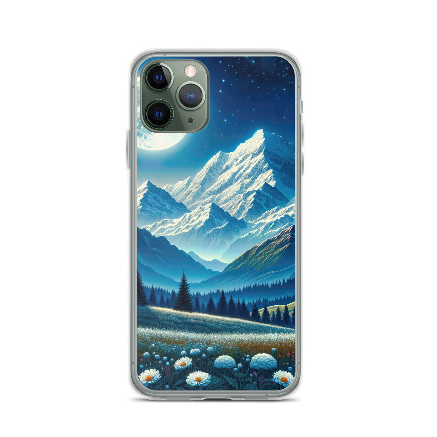 Klare frühlingshafte Alpennacht mit Blumen und Vollmond über Schneegipfeln - iPhone Schutzhülle (durchsichtig) berge xxx yyy zzz iPhone 11 Pro
