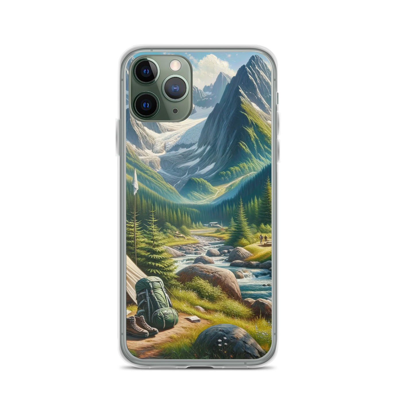 Ölgemälde der Alpensommerlandschaft mit Zelt, Gipfeln, Wäldern und Bächen - iPhone Schutzhülle (durchsichtig) camping xxx yyy zzz iPhone 11 Pro