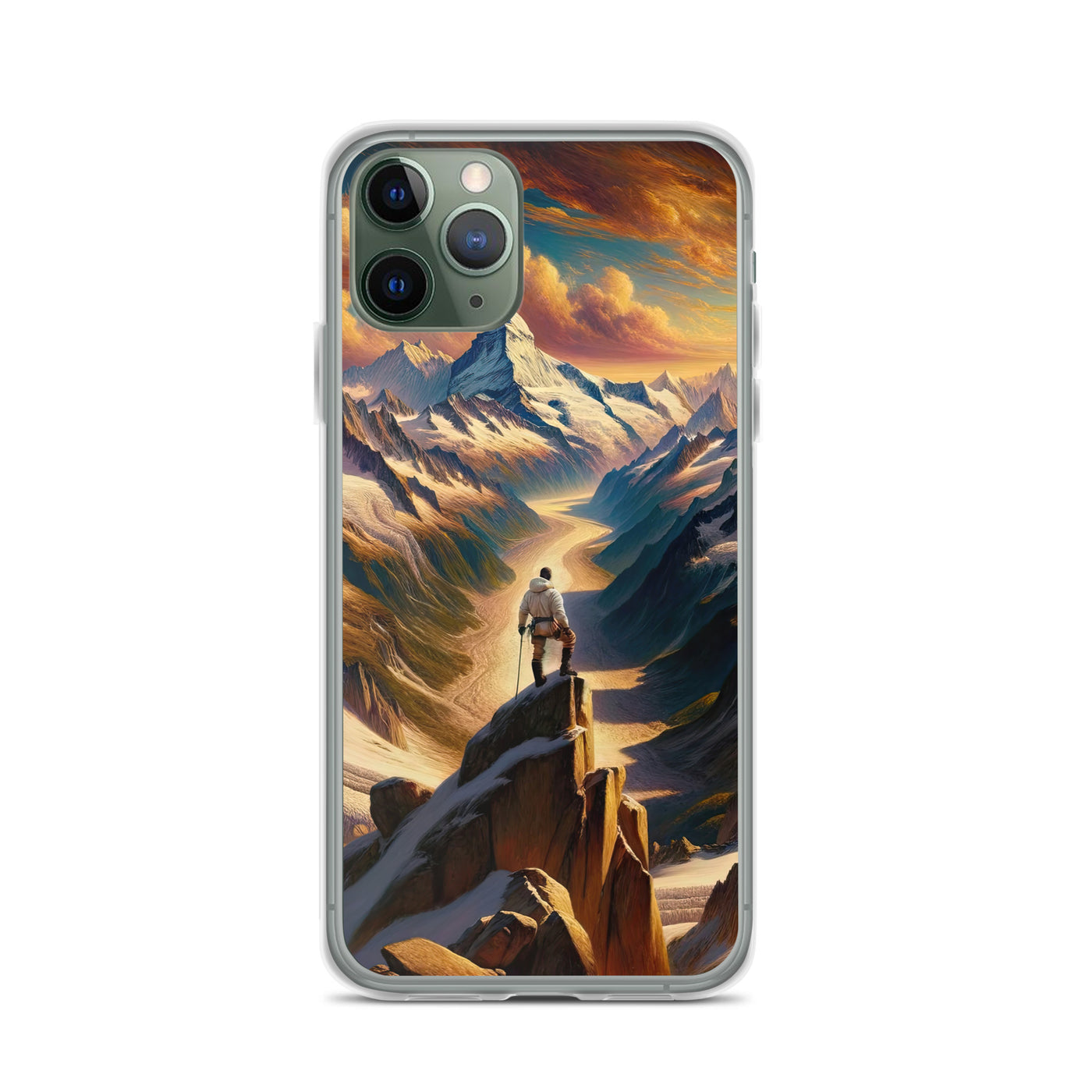 Ölgemälde eines Wanderers auf einem Hügel mit Panoramablick auf schneebedeckte Alpen und goldenen Himmel - iPhone Schutzhülle (durchsichtig) wandern xxx yyy zzz iPhone 11 Pro