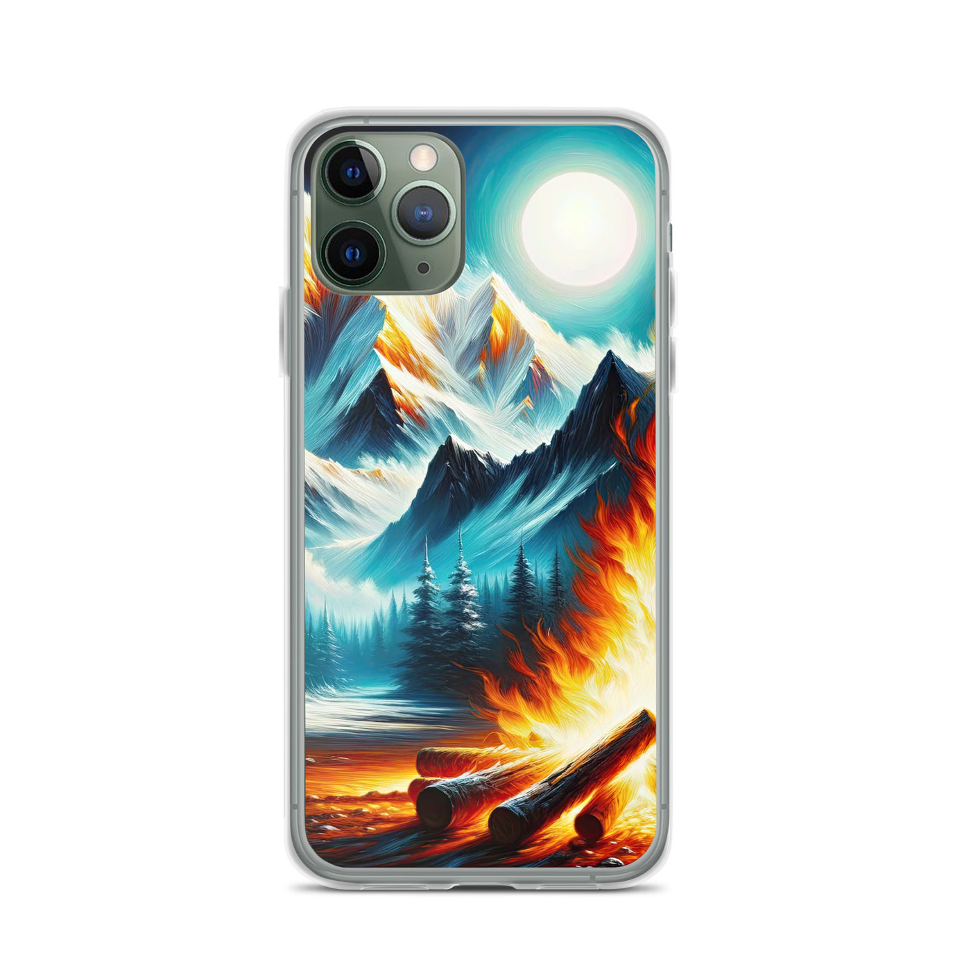 Ölgemälde von Feuer und Eis: Lagerfeuer und Alpen im Kontrast, warme Flammen - iPhone Schutzhülle (durchsichtig) camping xxx yyy zzz iPhone 11 Pro