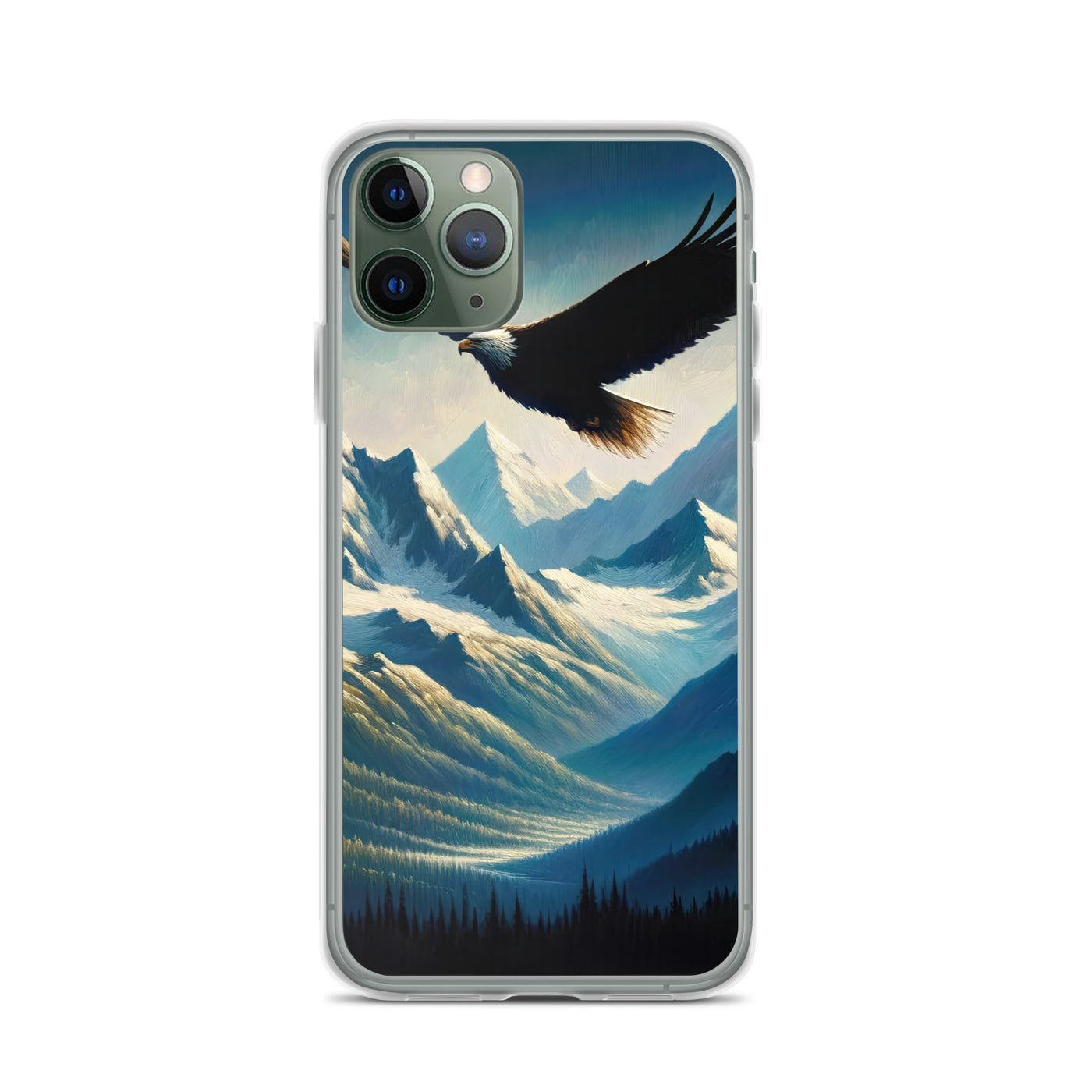Ölgemälde eines Adlers vor schneebedeckten Bergsilhouetten - iPhone Schutzhülle (durchsichtig) berge xxx yyy zzz iPhone 11 Pro