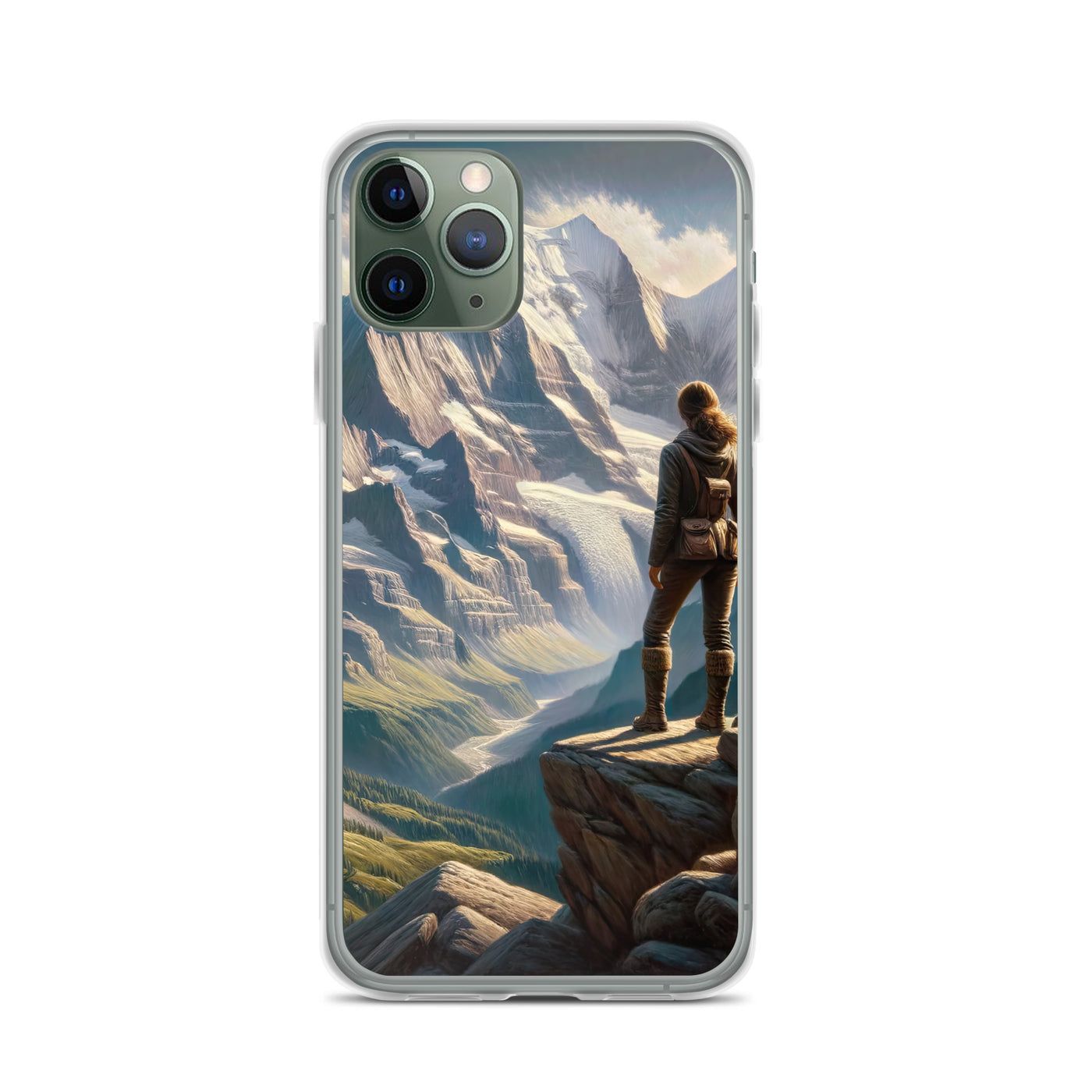 Ölgemälde der Alpengipfel mit Schweizer Abenteurerin auf Felsvorsprung - iPhone Schutzhülle (durchsichtig) wandern xxx yyy zzz iPhone 11 Pro