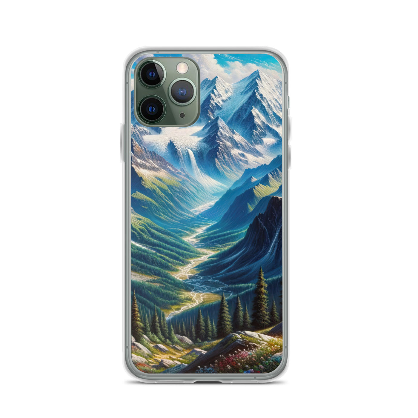 Panorama-Ölgemälde der Alpen mit schneebedeckten Gipfeln und schlängelnden Flusstälern - iPhone Schutzhülle (durchsichtig) berge xxx yyy zzz iPhone 11 Pro
