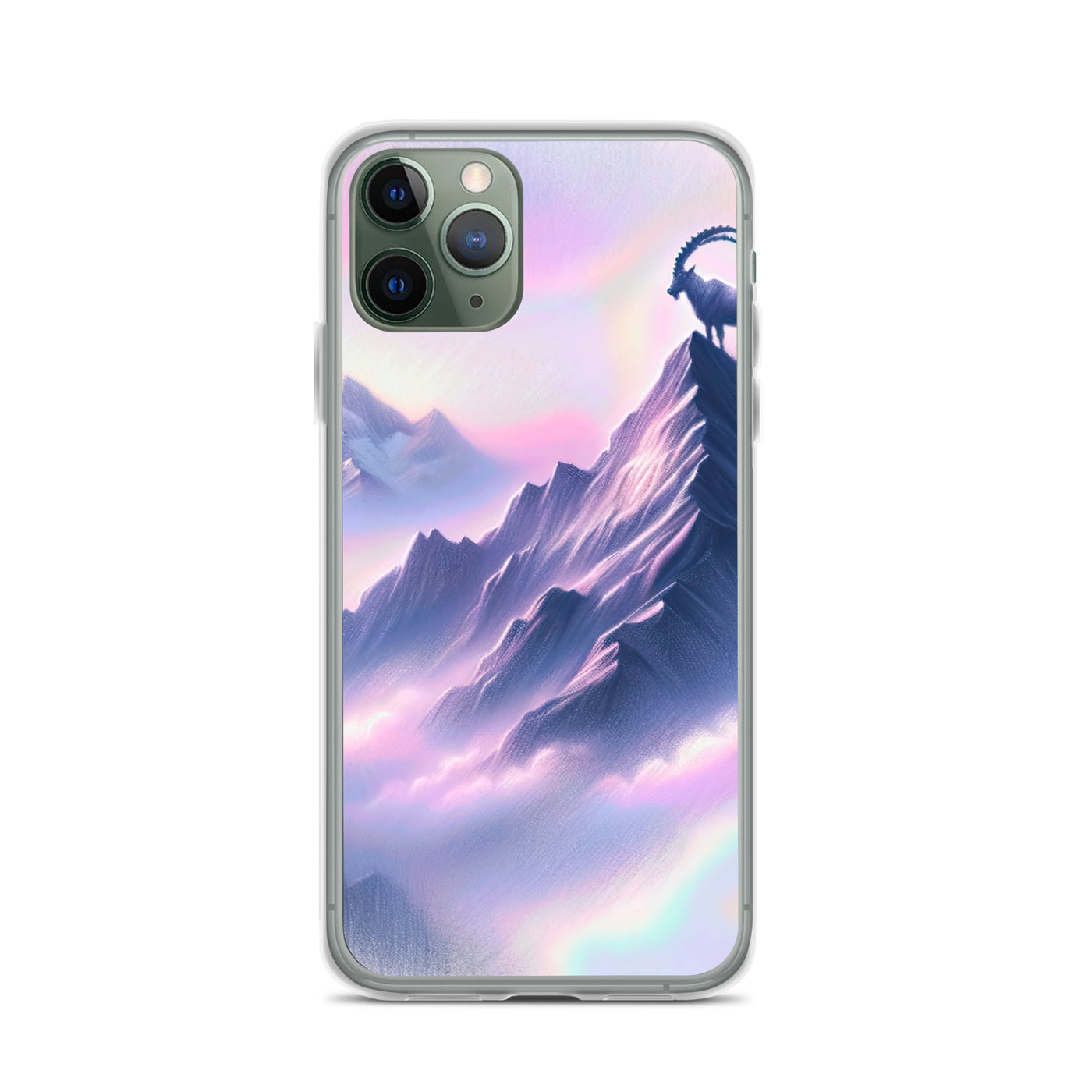 Pastellzeichnung der Alpen im Morgengrauen mit Steinbock in Rosa- und Lavendeltönen - iPhone Schutzhülle (durchsichtig) berge xxx yyy zzz iPhone 11 Pro