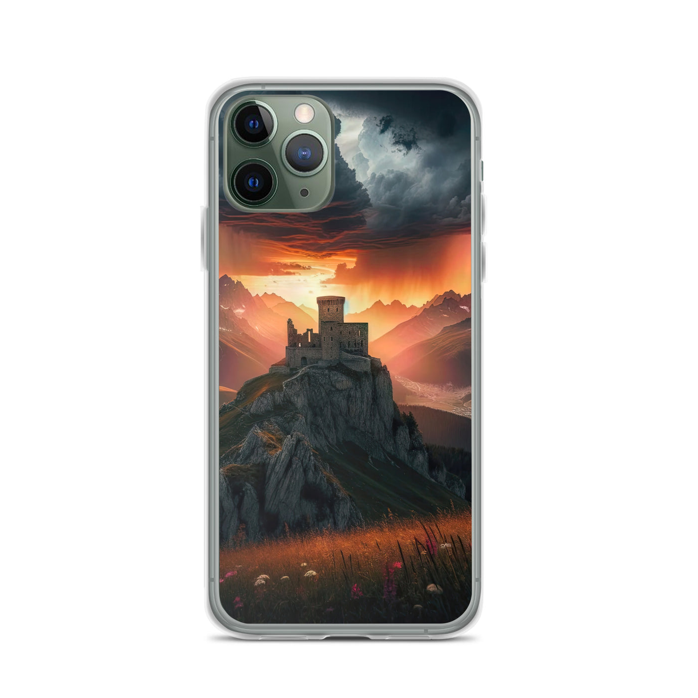Foto einer Alpenburg bei stürmischem Sonnenuntergang, dramatische Wolken und Sonnenstrahlen - iPhone Schutzhülle (durchsichtig) berge xxx yyy zzz iPhone 11 Pro