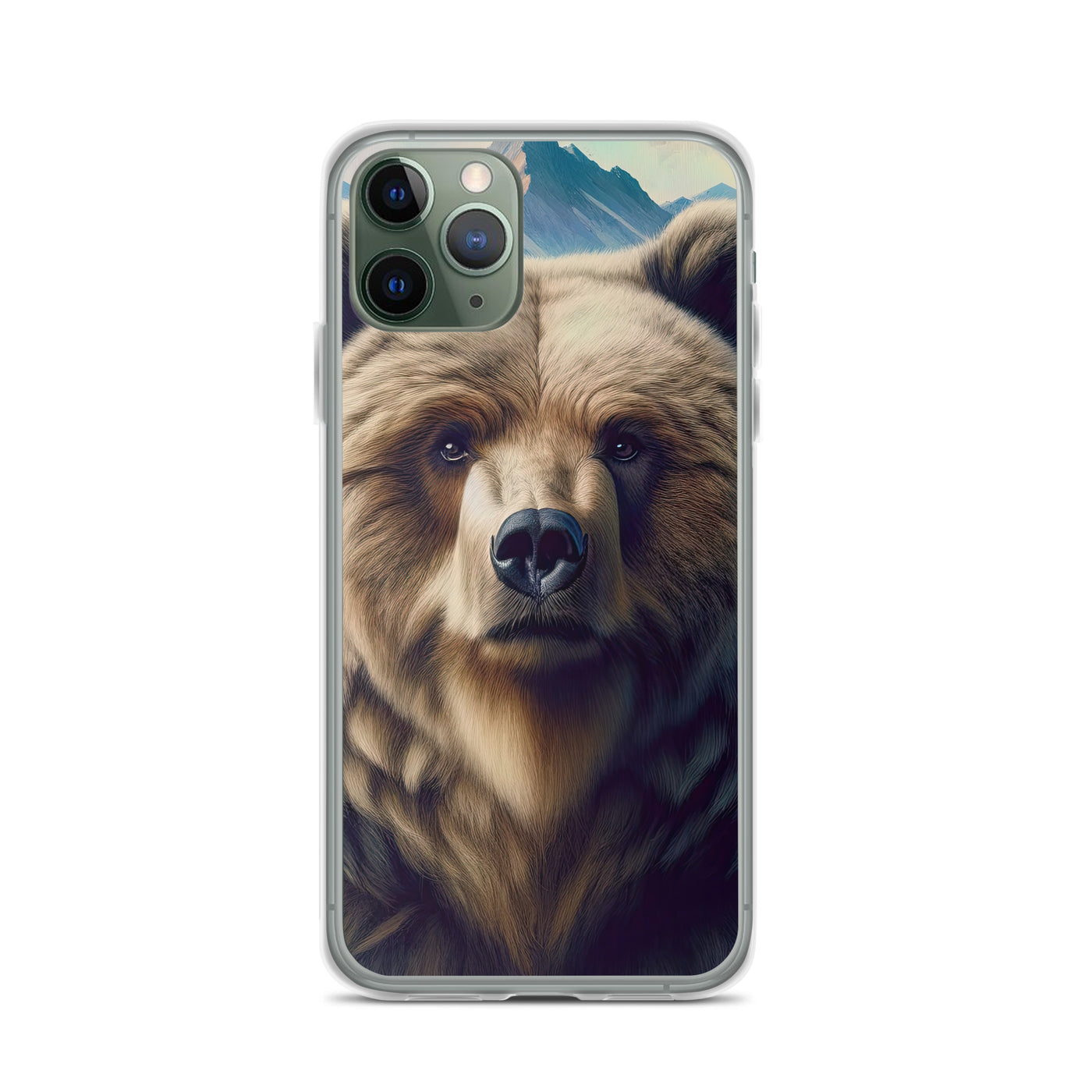 Foto eines Bären vor abstrakt gemalten Alpenbergen, Oberkörper im Fokus - iPhone Schutzhülle (durchsichtig) camping xxx yyy zzz iPhone 11 Pro