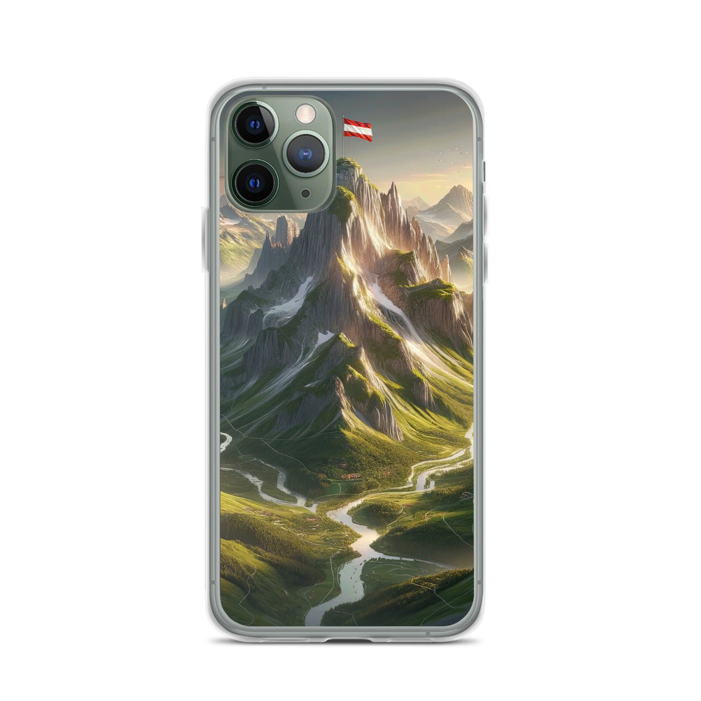 Fotorealistisches Bild der Alpen mit österreichischer Flagge, scharfen Gipfeln und grünen Tälern - iPhone Schutzhülle (durchsichtig) berge xxx yyy zzz iPhone 11 Pro