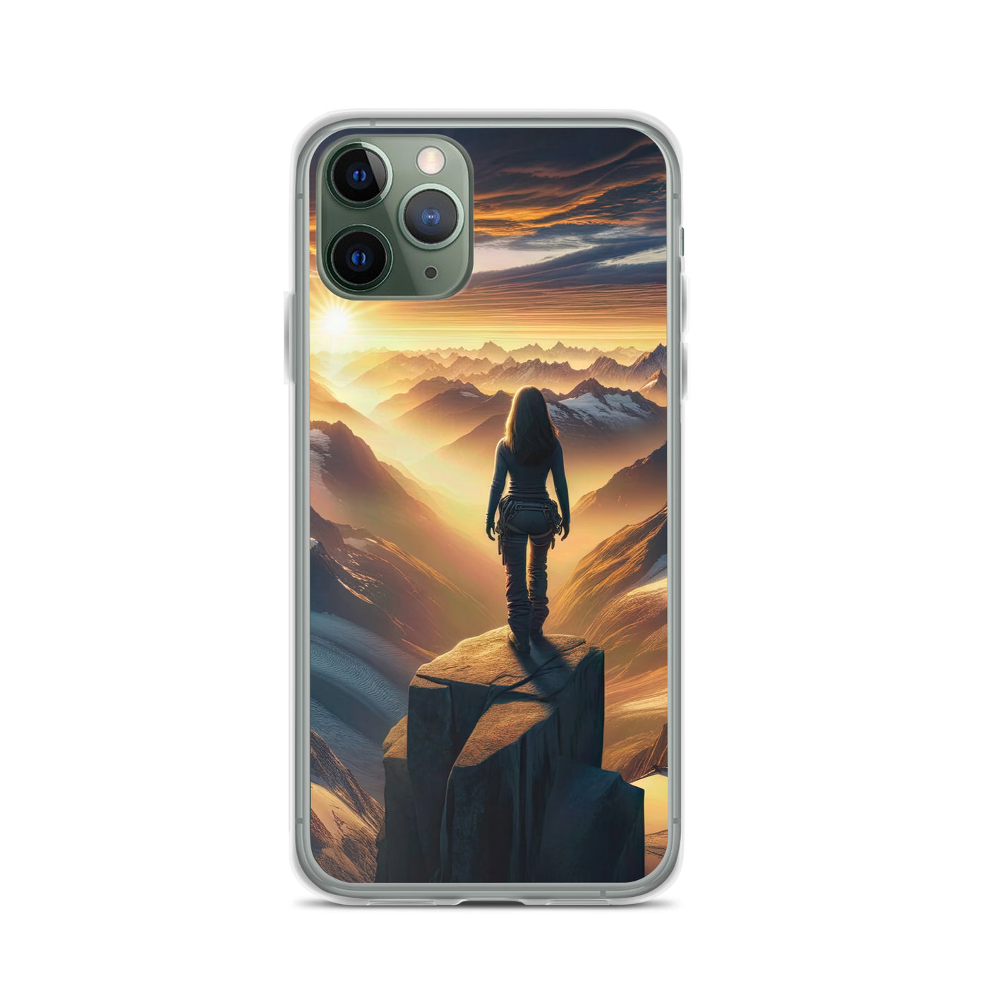 Fotorealistische Darstellung der Alpen bei Sonnenaufgang, Wanderin unter einem gold-purpurnen Himmel - iPhone Schutzhülle (durchsichtig) wandern xxx yyy zzz iPhone 11 Pro