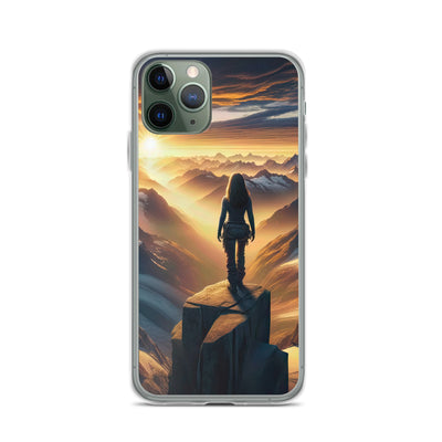 Fotorealistische Darstellung der Alpen bei Sonnenaufgang, Wanderin unter einem gold-purpurnen Himmel - iPhone Schutzhülle (durchsichtig) wandern xxx yyy zzz iPhone 11 Pro
