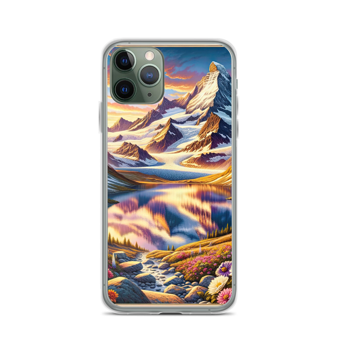 Quadratische Illustration der Alpen mit schneebedeckten Gipfeln und Wildblumen - iPhone Schutzhülle (durchsichtig) berge xxx yyy zzz iPhone 11 Pro