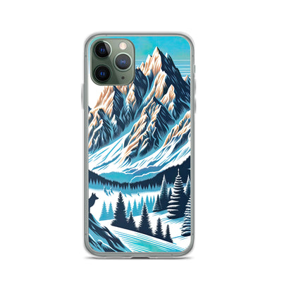 Vektorgrafik eines Wolfes im winterlichen Alpenmorgen, Berge mit Schnee- und Felsmustern - iPhone Schutzhülle (durchsichtig) berge xxx yyy zzz iPhone 11 Pro