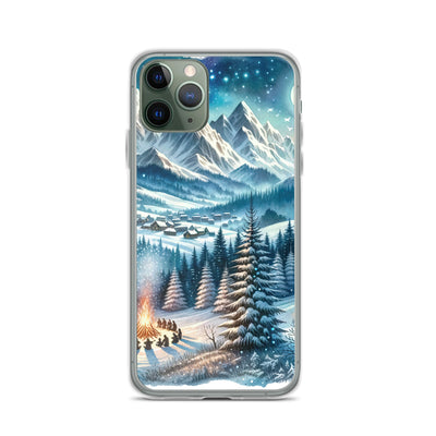 Aquarell eines Winterabends in den Alpen mit Lagerfeuer und Wanderern, glitzernder Neuschnee - iPhone Schutzhülle (durchsichtig) camping xxx yyy zzz iPhone 11 Pro