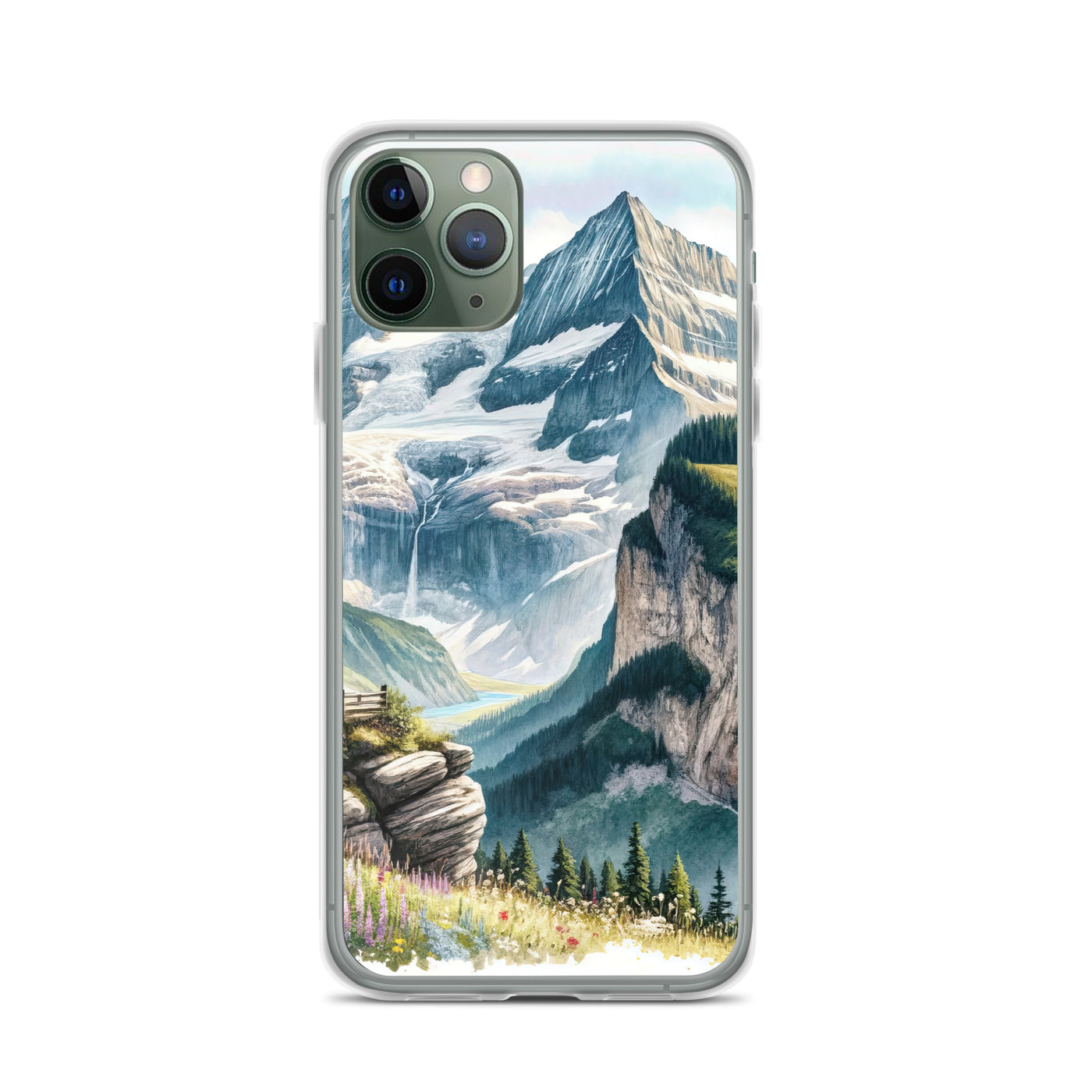 Aquarell-Panoramablick der Alpen mit schneebedeckten Gipfeln, Wasserfällen und Wanderern - iPhone Schutzhülle (durchsichtig) wandern xxx yyy zzz iPhone 11 Pro