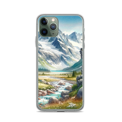Aquarellmalerei eines Bären und der sommerlichen Alpenschönheit mit schneebedeckten Ketten - iPhone Schutzhülle (durchsichtig) camping xxx yyy zzz iPhone 11 Pro