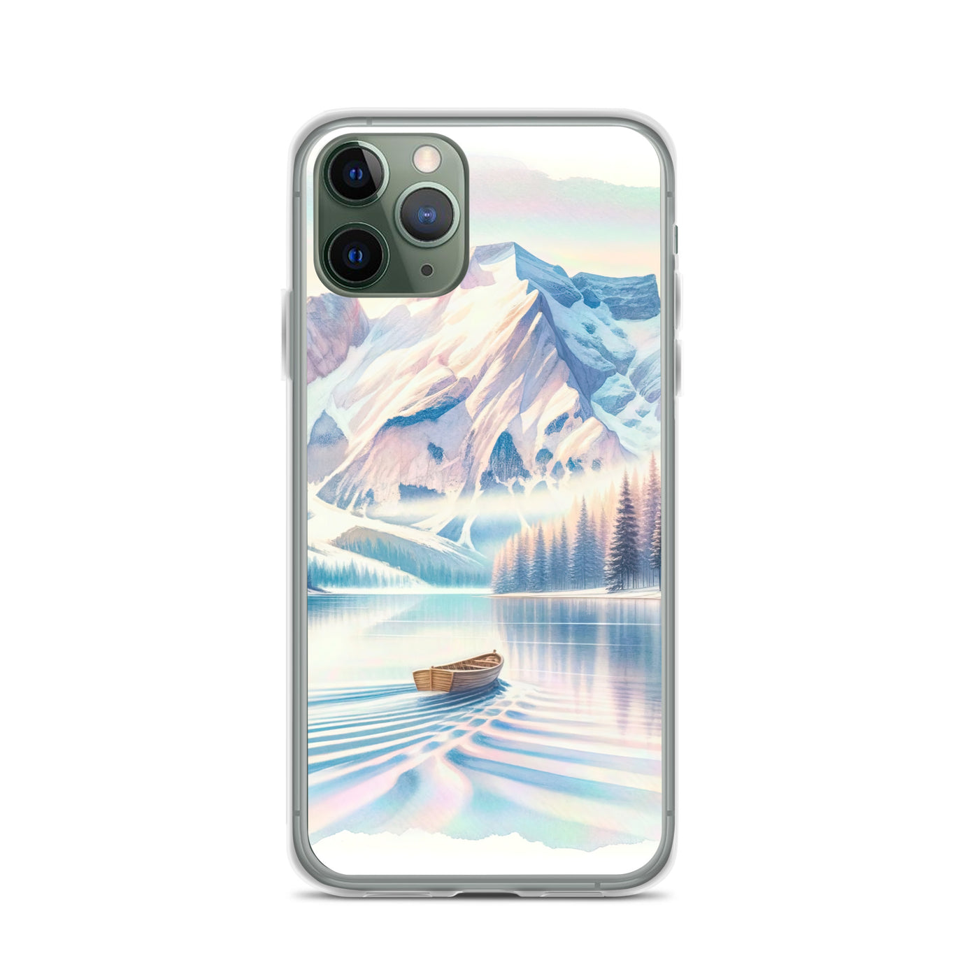 Aquarell eines klaren Alpenmorgens, Boot auf Bergsee in Pastelltönen - iPhone Schutzhülle (durchsichtig) berge xxx yyy zzz iPhone 11 Pro