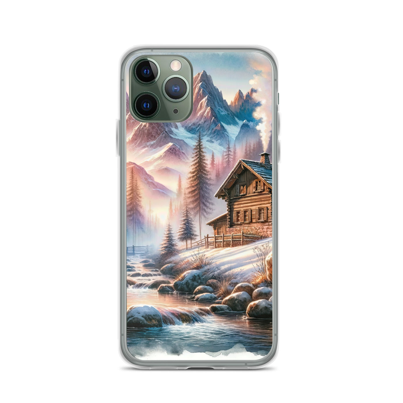 Aquarell einer Alpenszene im Morgengrauen, Haus in den Bergen - iPhone Schutzhülle (durchsichtig) berge xxx yyy zzz iPhone 11 Pro