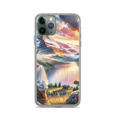 Aquarell einer Berglandschaft in der goldenen Stunde mit österreichischem Wanderer - iPhone Schutzhülle (durchsichtig) wandern xxx yyy zzz iPhone 11 Pro