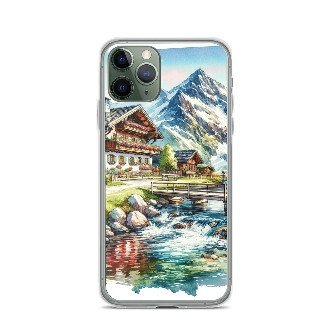 Aquarell der frühlingshaften Alpenkette mit österreichischer Flagge und schmelzendem Schnee - iPhone Schutzhülle (durchsichtig) berge xxx yyy zzz iPhone 11 Pro