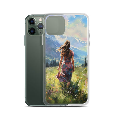 Frau mit langen Kleid im Feld mit Blumen - Berge im Hintergrund - Malerei - iPhone Schutzhülle (durchsichtig) berge xxx