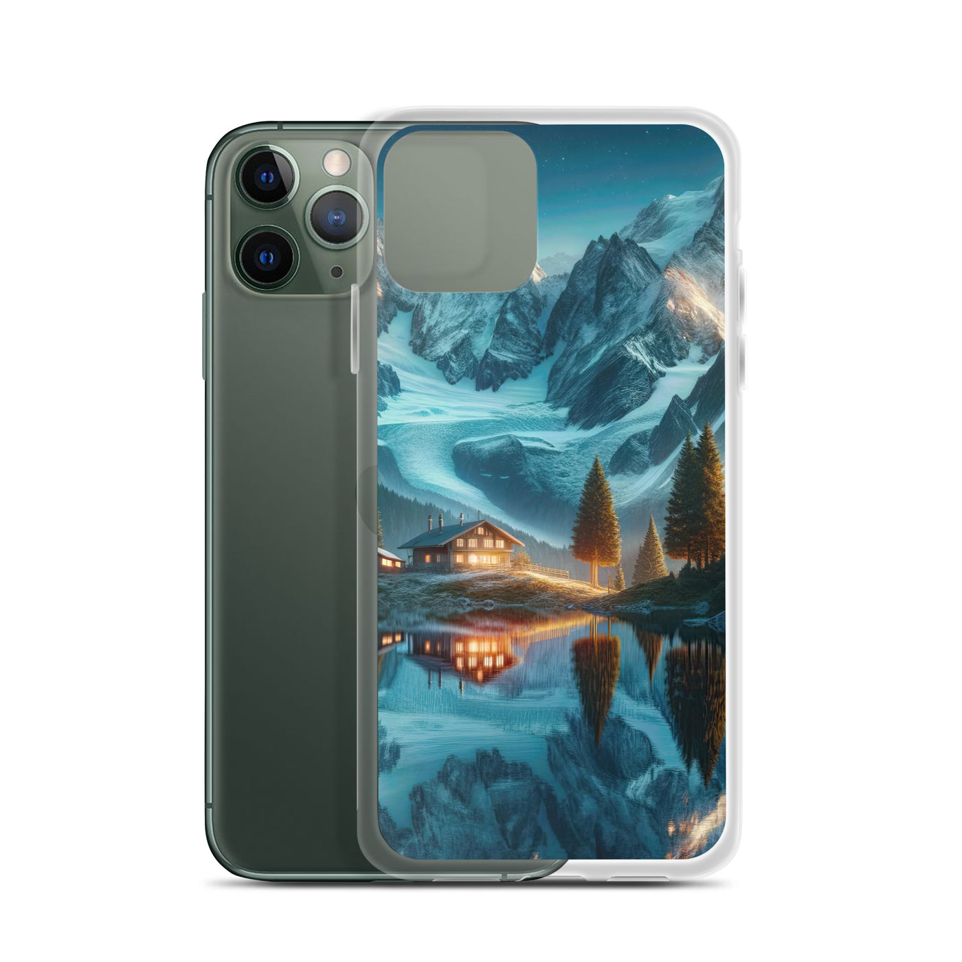 Stille Alpenmajestätik: Digitale Kunst mit Schnee und Bergsee-Spiegelung - iPhone Schutzhülle (durchsichtig) berge xxx yyy zzz
