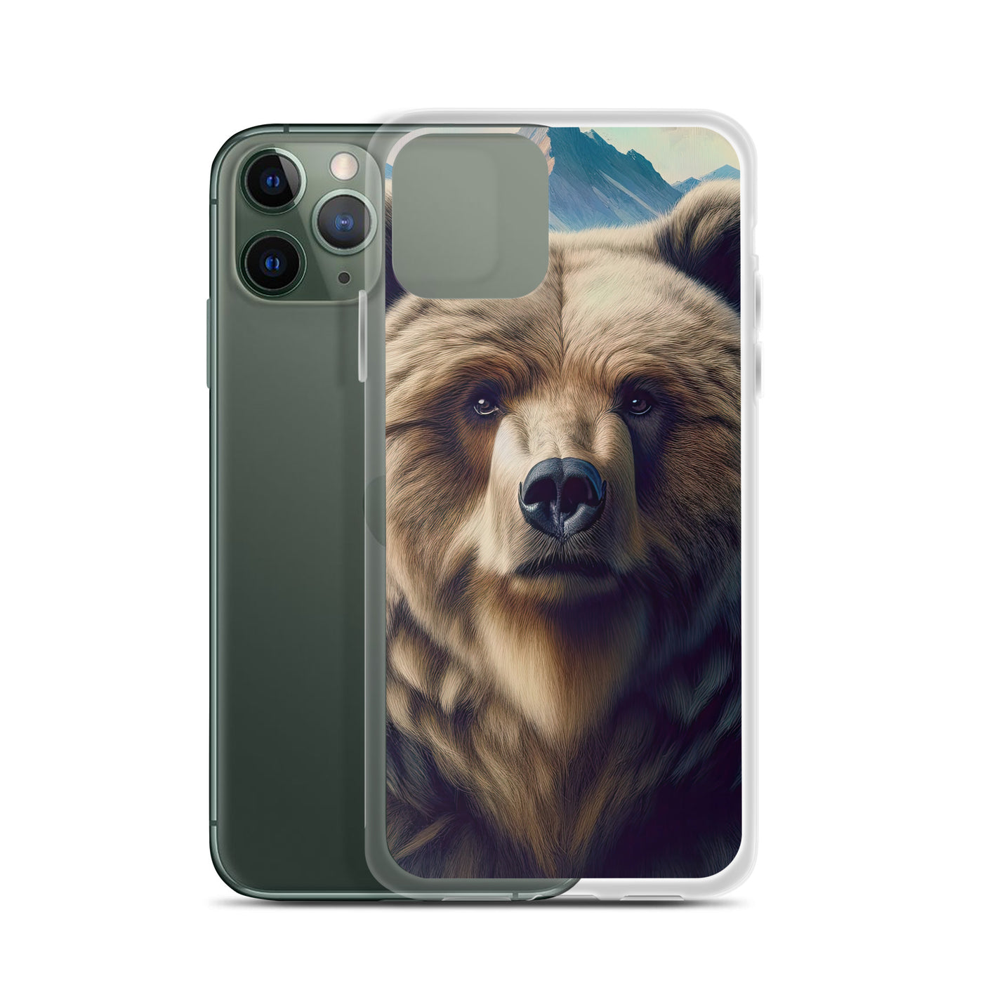 Foto eines Bären vor abstrakt gemalten Alpenbergen, Oberkörper im Fokus - iPhone Schutzhülle (durchsichtig) camping xxx yyy zzz